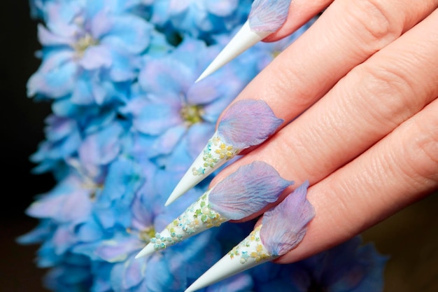 Long sharp French manicure with stickers of flowers and petals of natural flowers