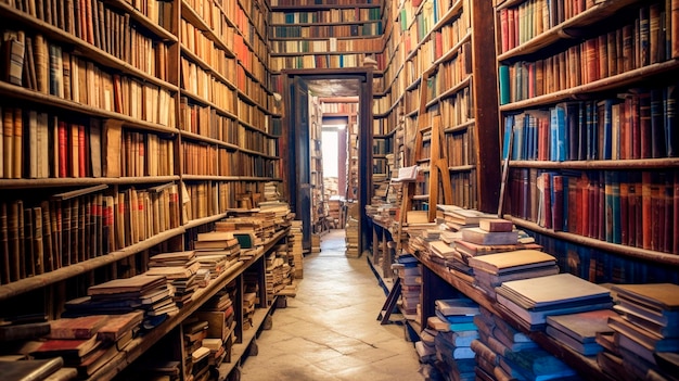 Long shelves with many old vintage books in bookstore Generative AI