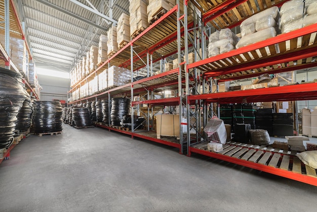 Long shelves with a variety of boxes and containers