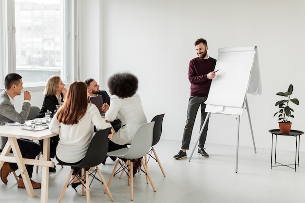 Long shot of business people in meeting