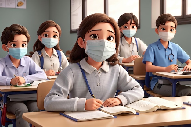 Long shot kids wearing medical masks in class