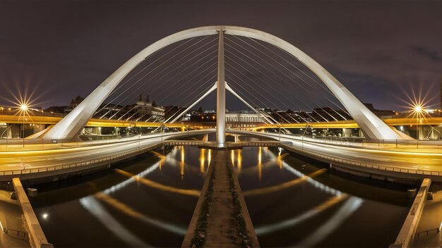 Photo long shot of la salve bridge at night with highway lights and unique bridge arc in bilbao spain