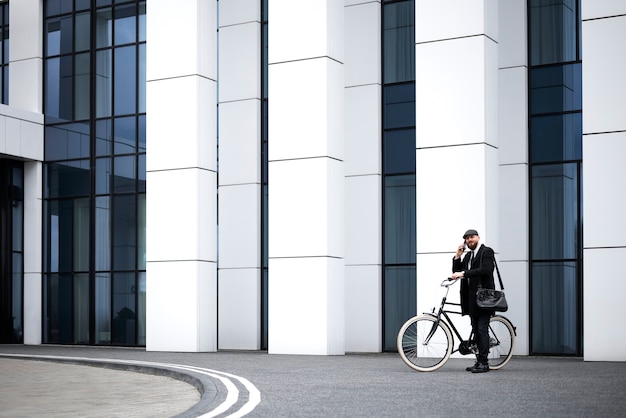 写真 自転車でスーツを着たロングショットの男