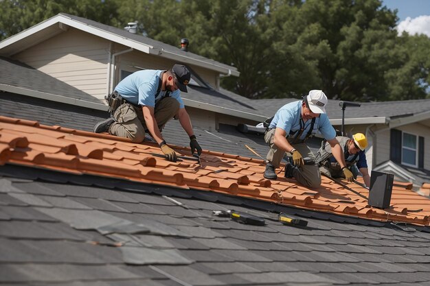 Photo long shot men working on roof