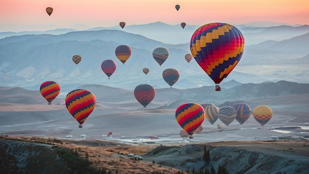 Long shot of multicolored hot air balloons floating above the mountains