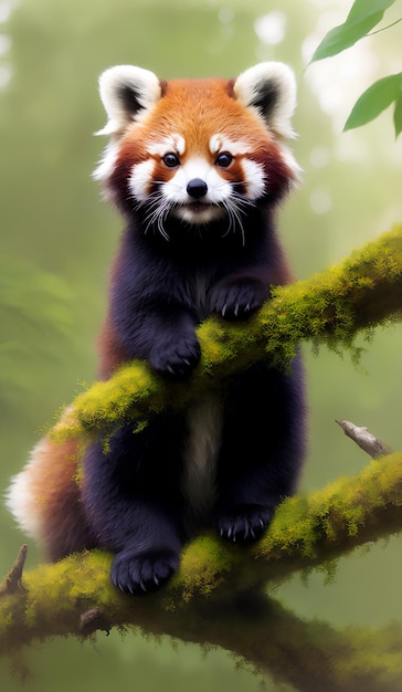 Long shot of a red panda in a green forest