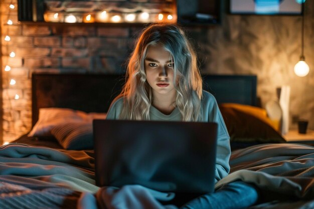 Long shot young woman looking on laptop in bedroom