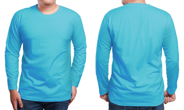 Photo long sleeved tshirt mock up front and back view male model wear plain bright blue shirt mockup