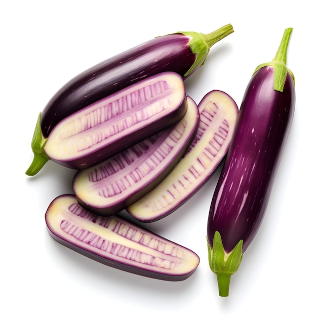 long sliced eggplants isolated on white