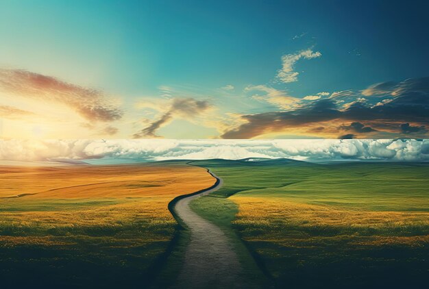 long smooth pathway over green meadows with sun behind in the style of colorful imagery