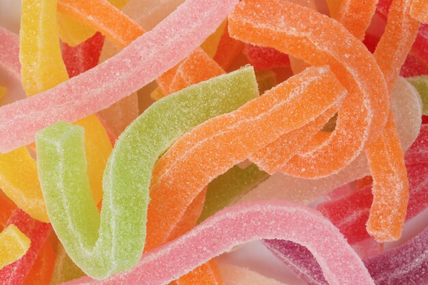 Long soft colorful chewy sugary sour candy gummy sweet assortment