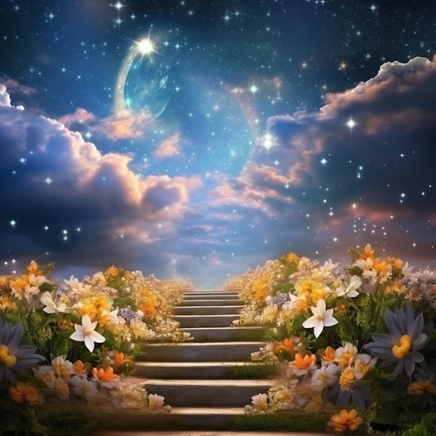 Photo long stairs made of flower bed reaching outside wallpaper image ai generated art