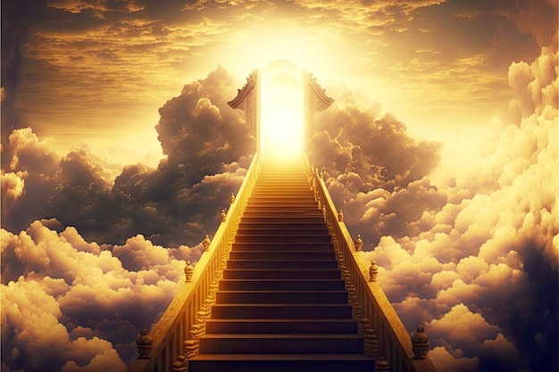 Photo long stairway to heaven among golden clouds with entrance to paradise