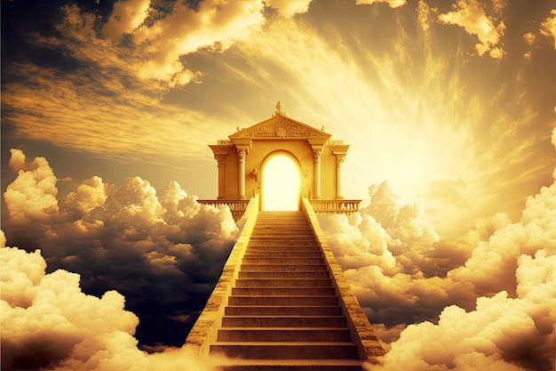 Long stairway to heaven among golden clouds with entrance to paradise