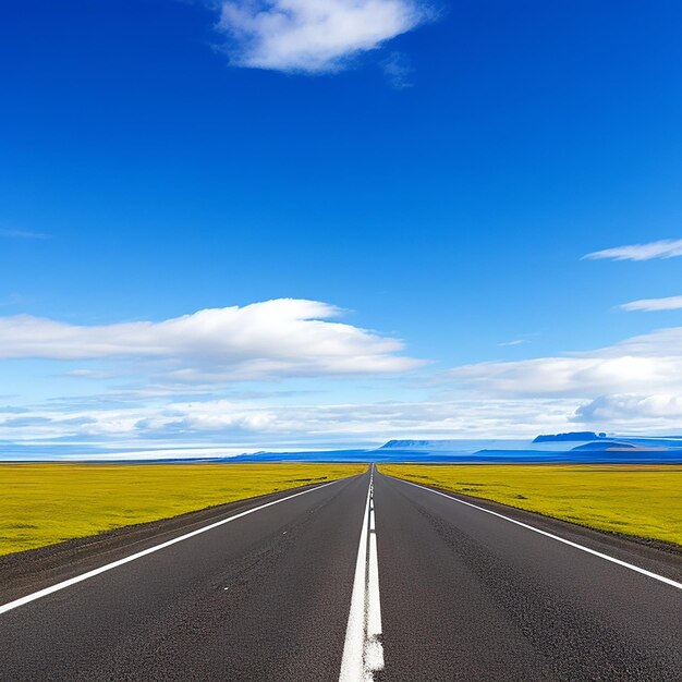 Photo long straight road and blue sky generated by ai