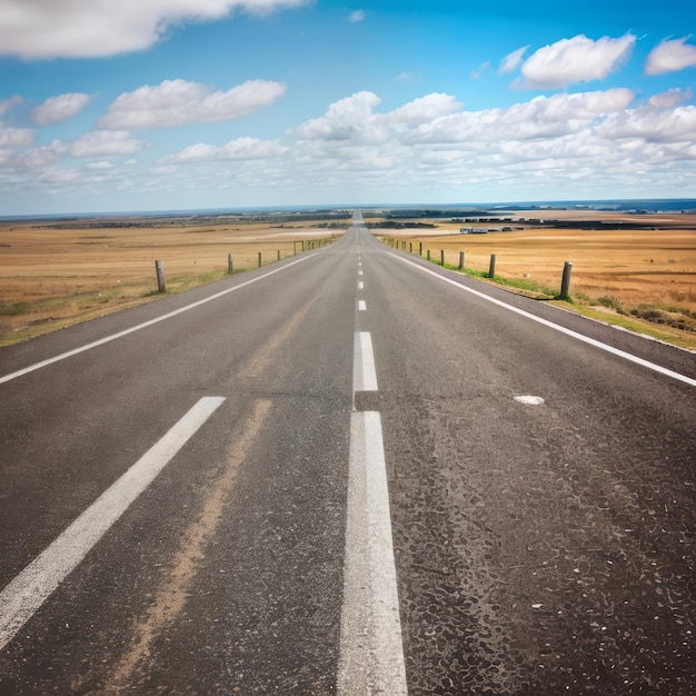 a long straight road and blue sky