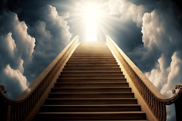 Long straight stairway to heaven in clouds against background of sunlight