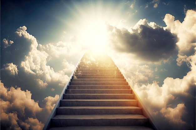 Long straight stairway to heaven in clouds against background of sunlight