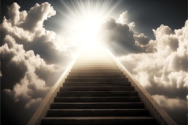 Long straight stairway to heaven in clouds against background of sunlight