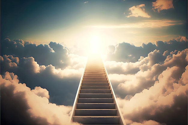 Long straight stairway to heaven in clouds against background of sunlight