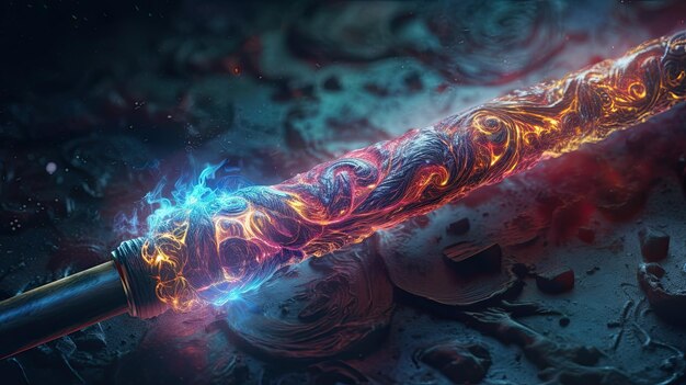 Premium Photo | A long sword with a blue and orange flame on it