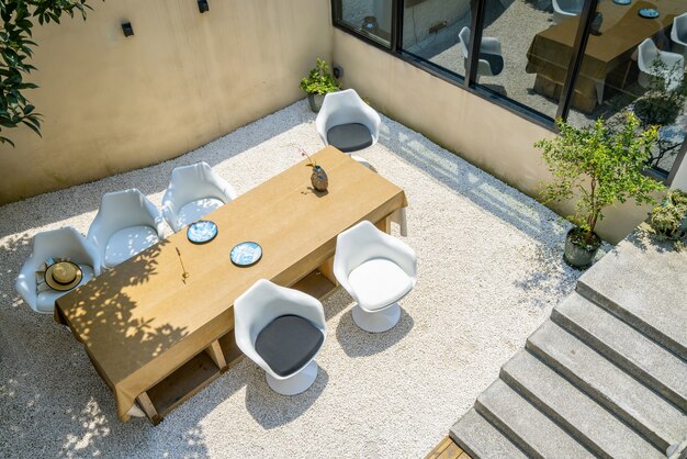 Long table and chair in Villa Garden Restaurant