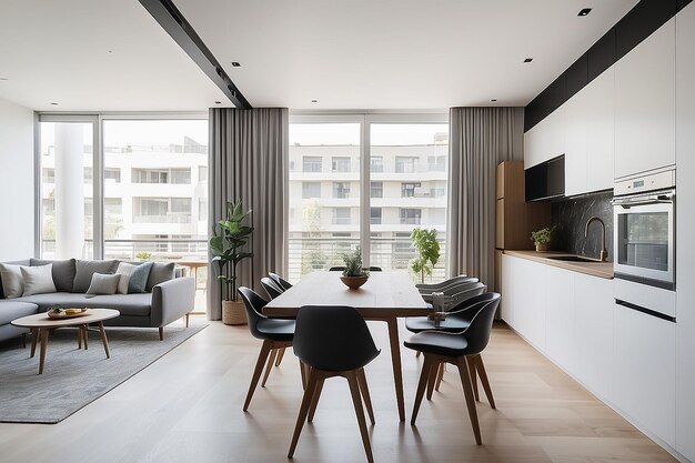 Long table and comfortable chairs located in dining room near kitchen against opened balcony door in daytime in modern apartment