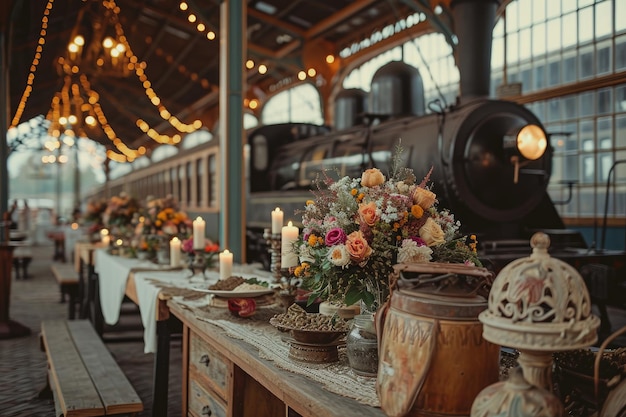 Photo a long table is adorned with numerous vases filled with a bountiful array of vibrant flowers vintage railway station wedding with antique daccor and a steam engine ai generated