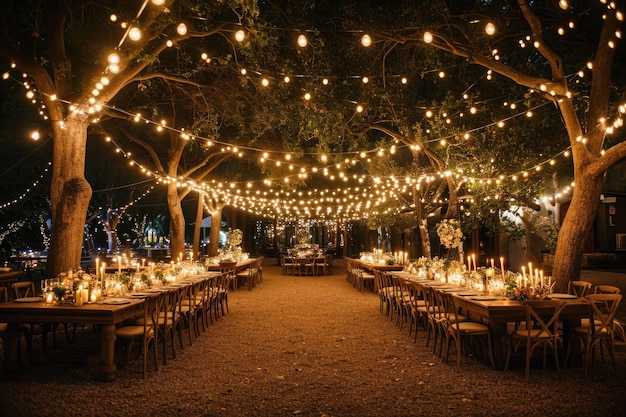 A long table laden with an abundance of lights placed beneath the sheltering branches of trees Exquisite outdoor wedding with fairy lights twinkling in the trees AI Generated