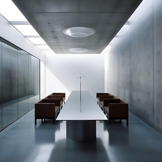 A long table with brown chairs in a room with a white ceiling.