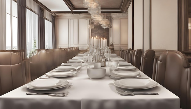 Photo a long table with plates and bowls on it