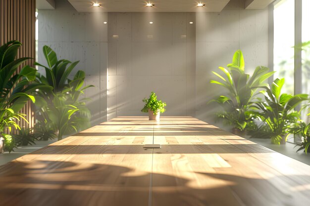 A long table with a potted plant on it in a room with large windows and a wooden floor a 3D render