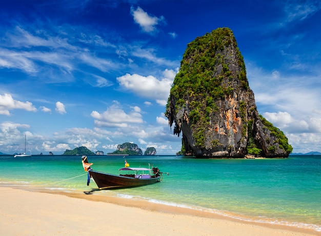 Long tail boat on beach, Thailand