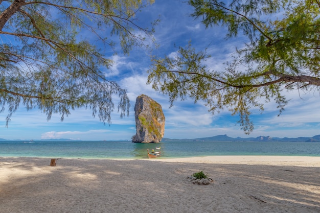 タイの熱帯の島の白い砂浜にロングテールボート