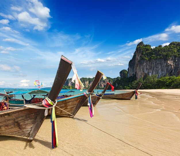 Long tail boats on beach, Thailand