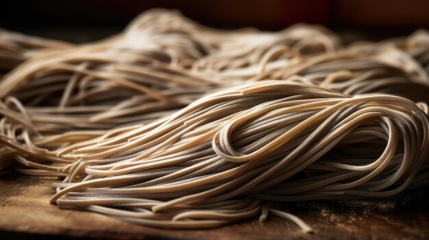 A long thin brown noodle is on a wooden table