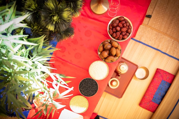 a long traditional Korean wedding table