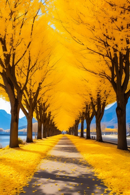 Long tree lined road with yellow leaves on the trees generative ai