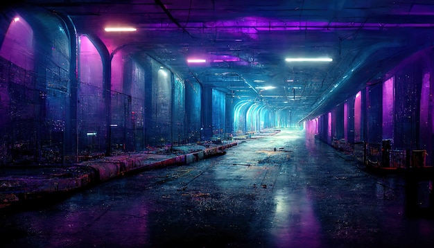 The long tunnel of the abandoned subway is lit by ultraviolet light