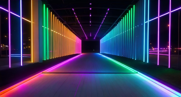 A long tunnel with neon lights on both sides