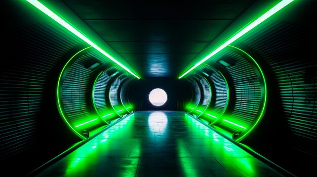 Long tunnel with neon lights and circular light at the end of the tunnel Generative AI