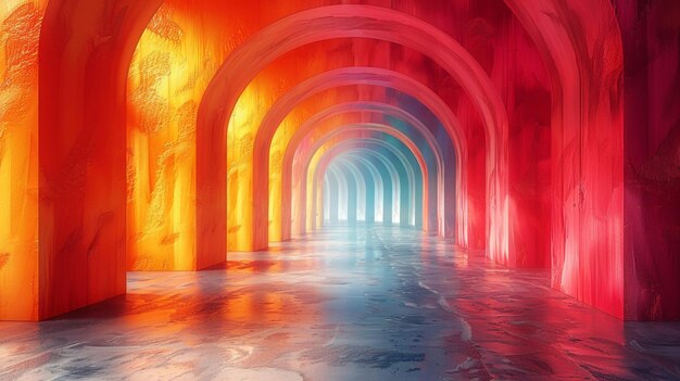 A long tunnel with a rainbow colored wall