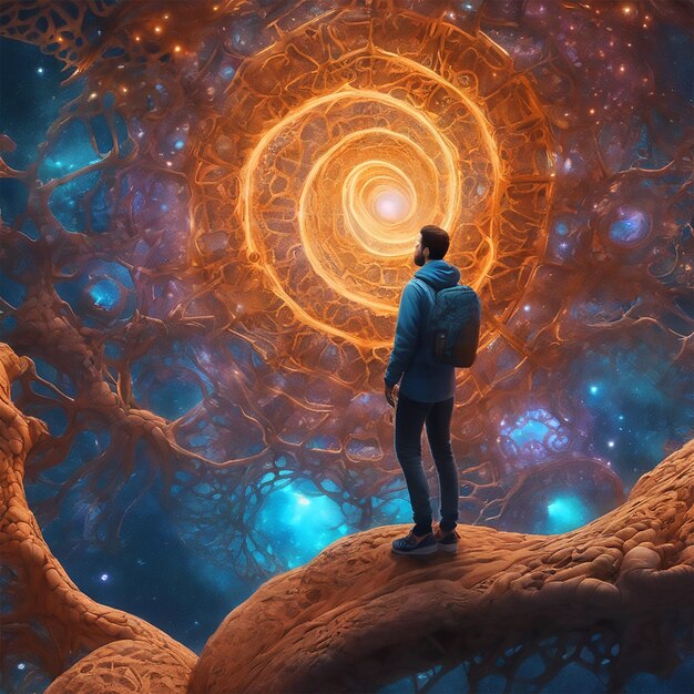 Long View Of Man Alone And Adrift In Fractal Cosmic Deep Space Digital Art Perfect Composition Be