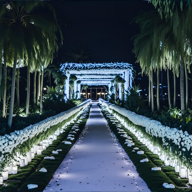 A long walkway lined with white flowers and palm trees