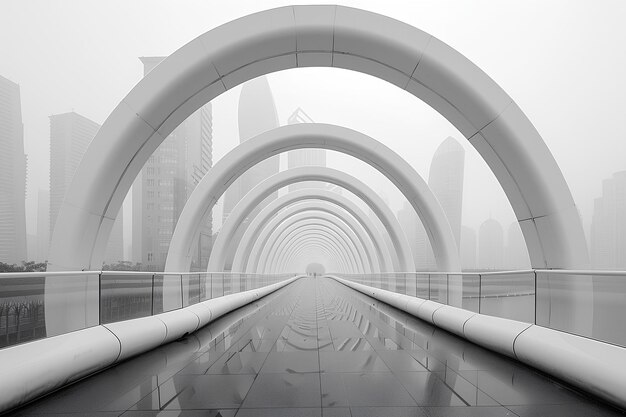 A long walkway with a tunnel in the middle of it and a city in the background with skyscrapers a