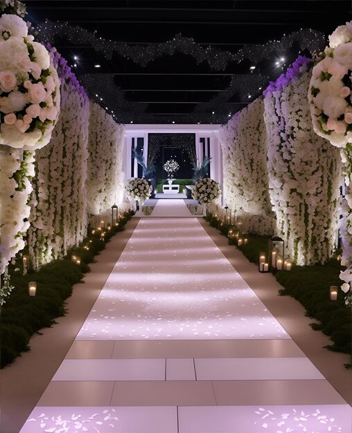 A long white aisle with flowers and candles