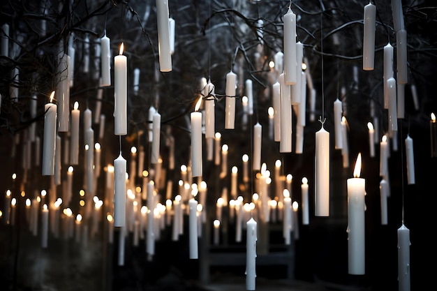 Long white candles float in the air Halloween decor Horizontal photo