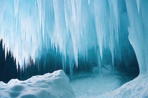 Photo long white frozen icicles in ice cave