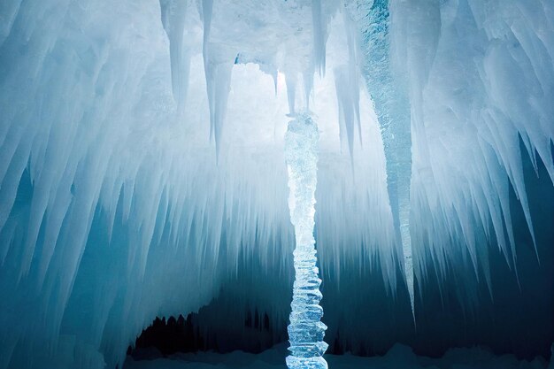 Длинные белые замороженные сосульки в ледяной пещере