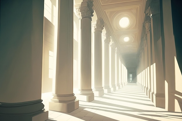 В длинном белом коридоре сквозь колонны просачивается солнечный свет.